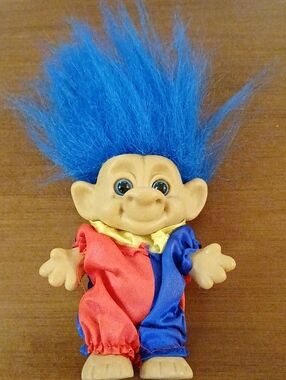 Blue-Haired Kids Troll Doll Plush Toy - Colorful Clown Suit Vintage Retro